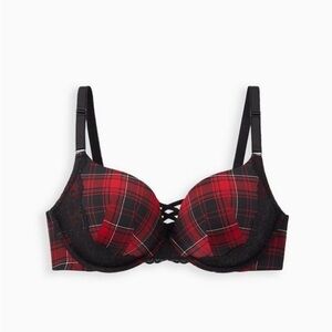 Torrid XO Plunge Push-Up Bra in a red and black plaid lace trim 40DDD